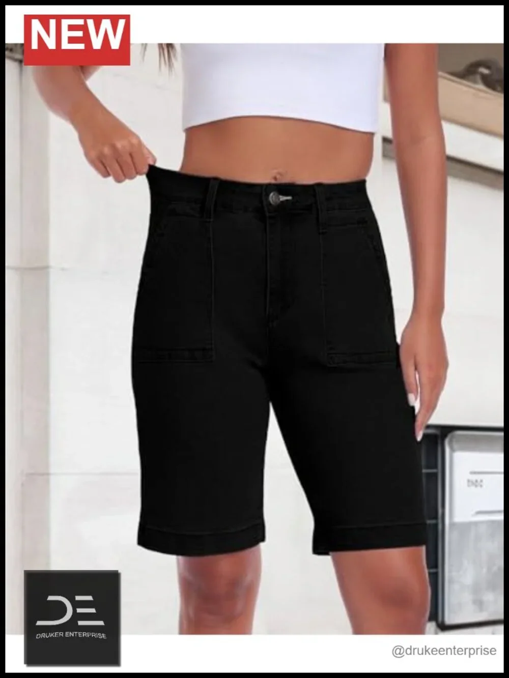 Mid Rise Tummy Control Bermuda Jean Shorts Stretchy Denim Jorts Knee Length Long